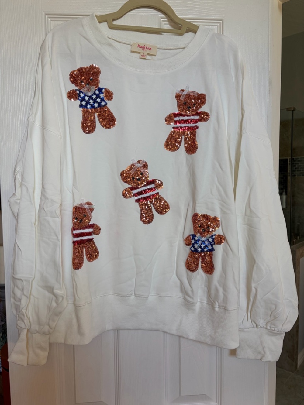 Peach Love white Sequin stars & strips Teddy Bear Sweatshirt